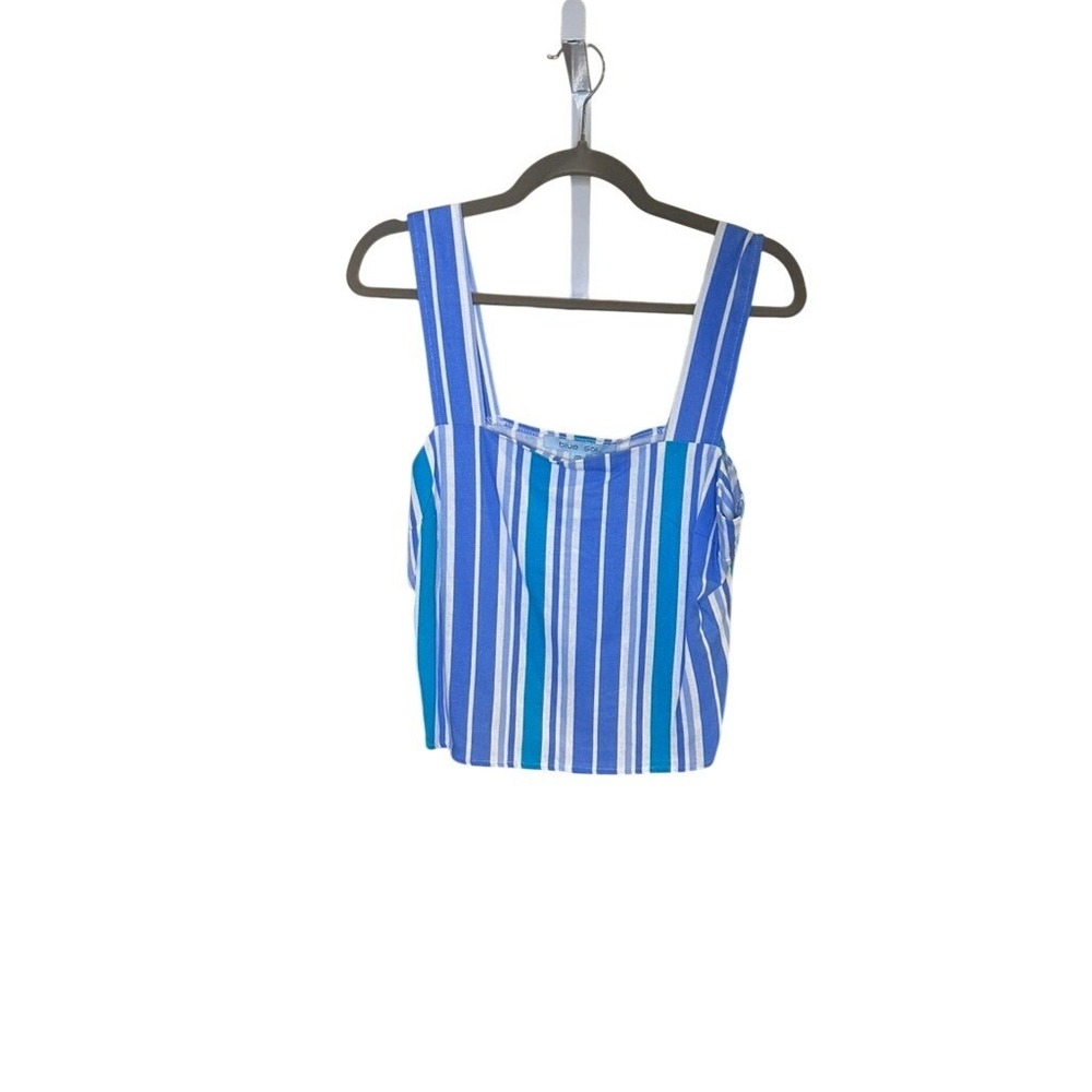 Blue Sol Striped Crop Top Womens Medium Blue White Linen Blend Tank T1012-7
